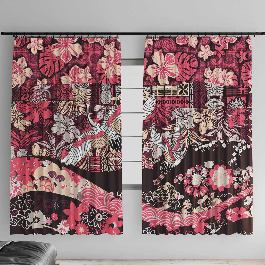 Japanese Hawaiian Crane Window Curtain Soft Pink Tapa Patchwork Pattern