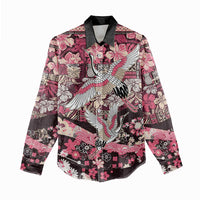 Japanese Hawaiian Crane Women Casual Shirt Soft Pink Tapa Patchwork Pattern