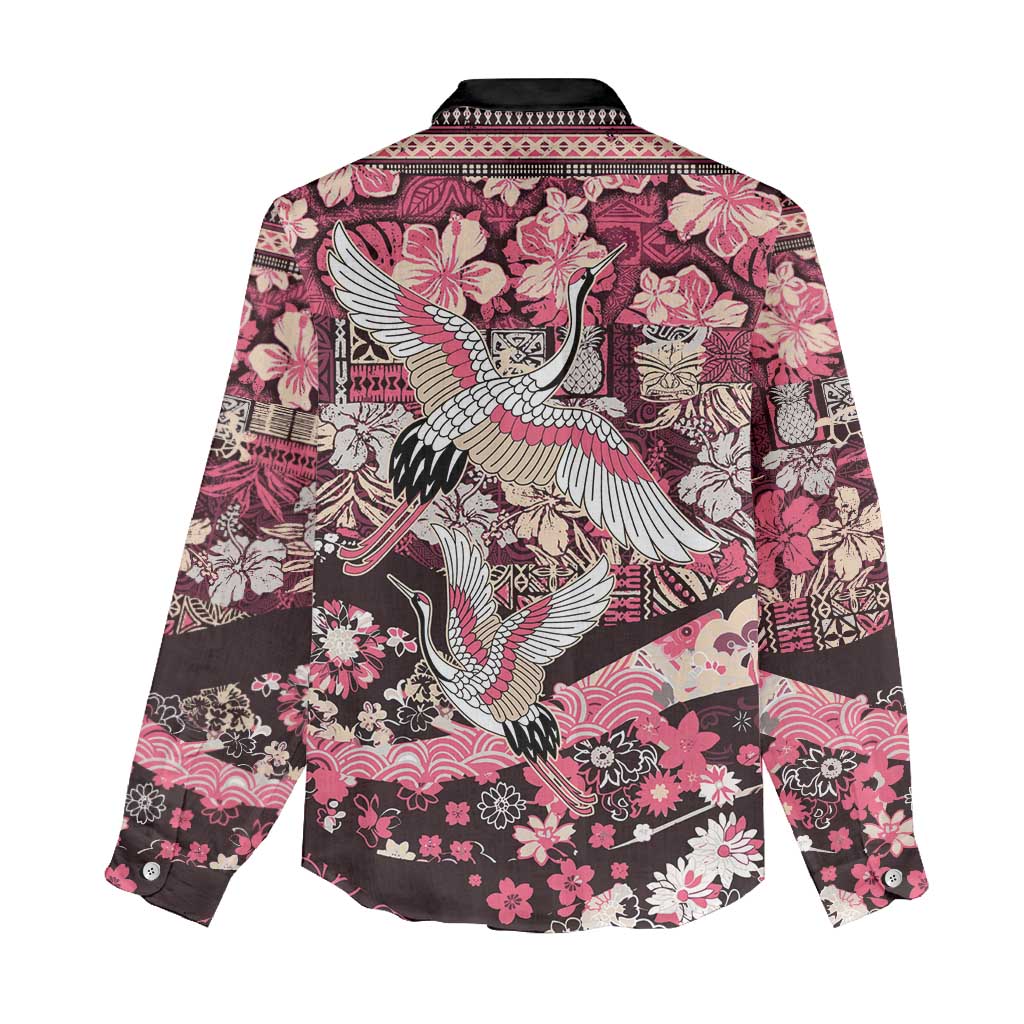 Japanese Hawaiian Crane Women Casual Shirt Soft Pink Tapa Patchwork Pattern