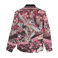Japanese Hawaiian Crane Women Casual Shirt Soft Pink Tapa Patchwork Pattern