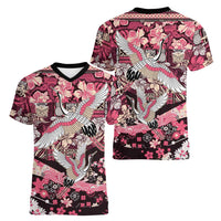 Japanese Hawaiian Crane Women V-Neck T-Shirt Soft Pink Tapa Patchwork Pattern