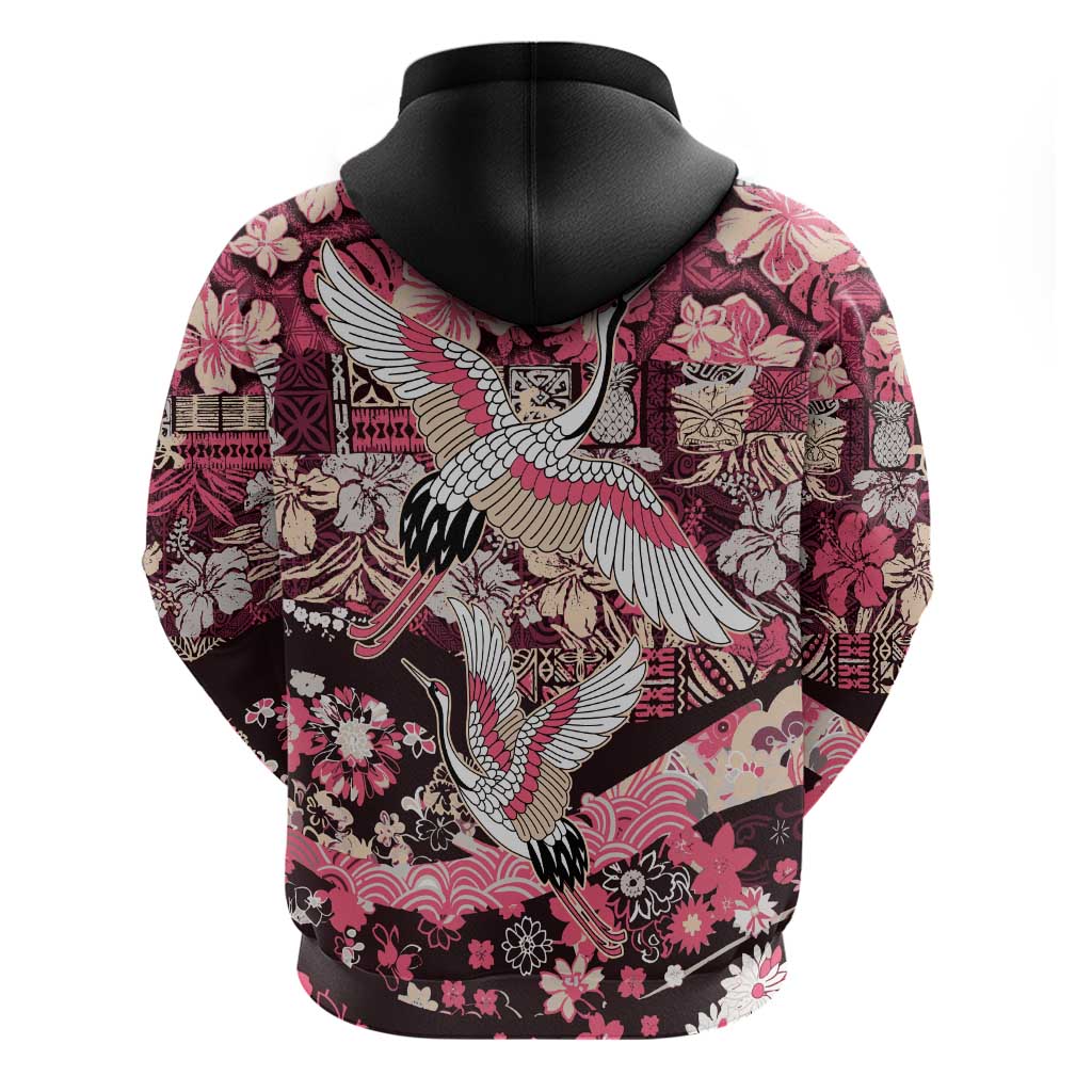 Japanese Hawaiian Crane Zip Hoodie Soft Pink Tapa Patchwork Pattern LT9 - Polynesian Pride