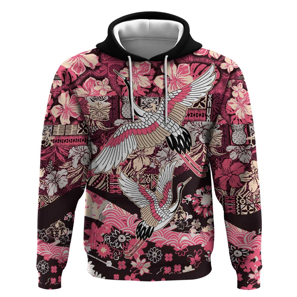 Japanese Hawaiian Crane Zip Hoodie Soft Pink Tapa Patchwork Pattern LT9 Pullover Hoodie Pink - Polynesian Pride