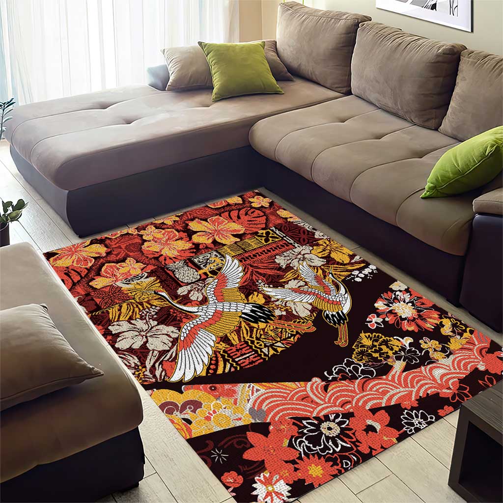 Japanese Hawaiian Crane Area Rug Yellow Ochre Tapa Patchwork Pattern LT9 - Polynesian Pride