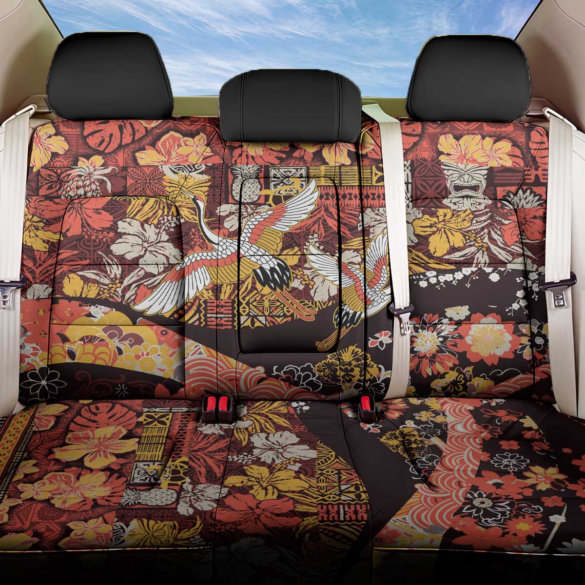 Japanese Hawaiian Crane Back Car Seat Cover Yellow Ochre Tapa Patchwork Pattern LT9 One Size Yellow - Polynesian Pride
