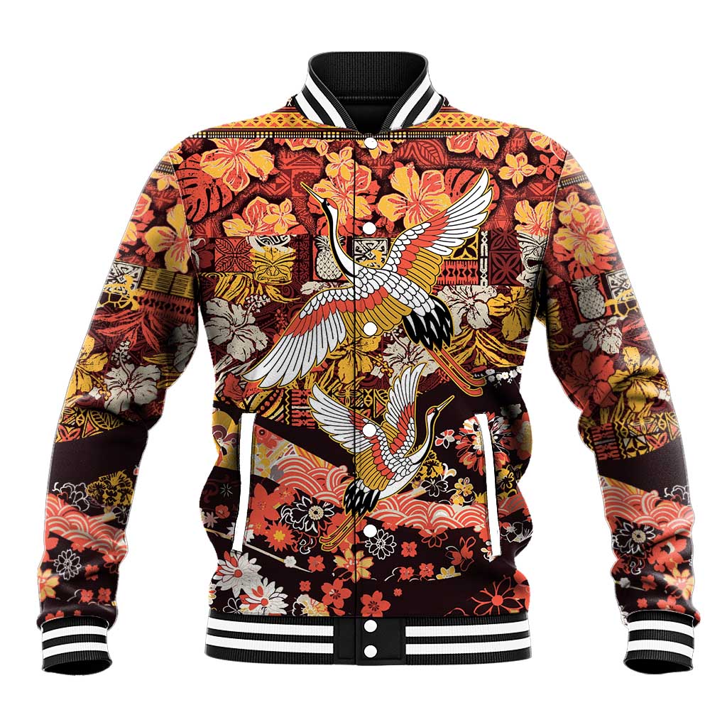 Japanese Hawaiian Crane Baseball Jacket Yellow Ochre Tapa Patchwork Pattern