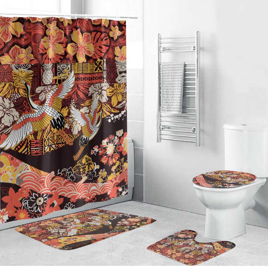 Japanese Hawaiian Crane Bathroom Set Yellow Ochre Tapa Patchwork Pattern