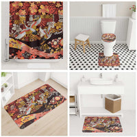 Japanese Hawaiian Crane Bathroom Set Yellow Ochre Tapa Patchwork Pattern