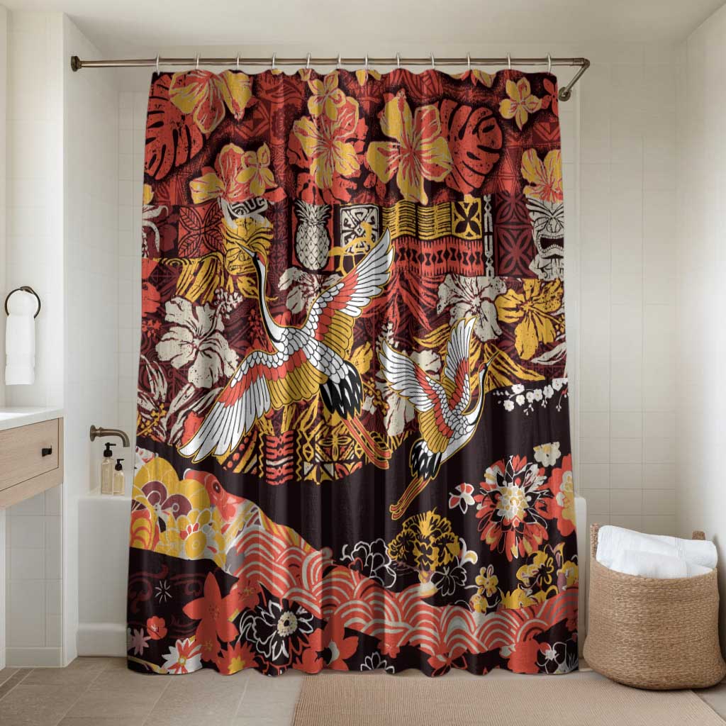 Japanese Hawaiian Crane Bathroom Set Yellow Ochre Tapa Patchwork Pattern