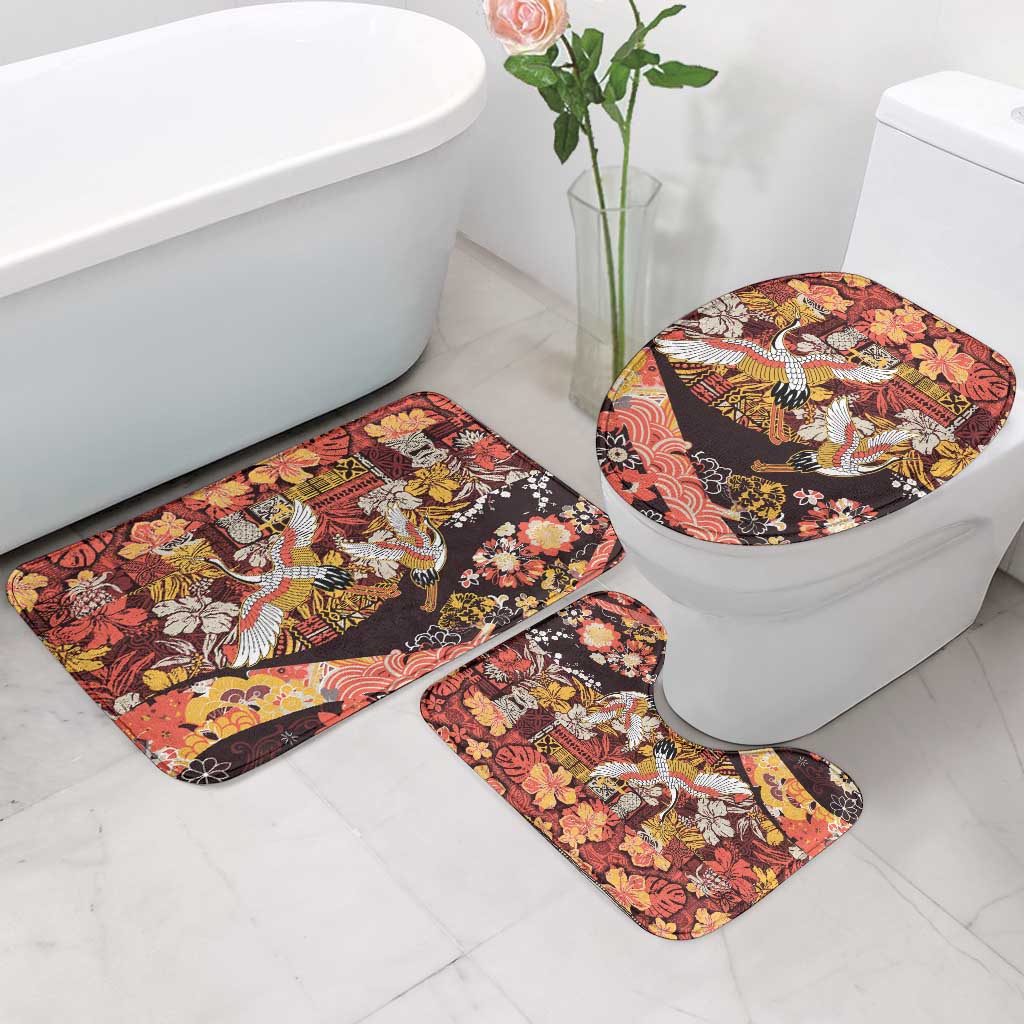 Japanese Hawaiian Crane Bathroom Set Yellow Ochre Tapa Patchwork Pattern