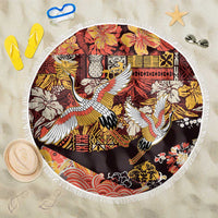 Japanese Hawaiian Crane Beach Blanket Yellow Ochre Tapa Patchwork Pattern