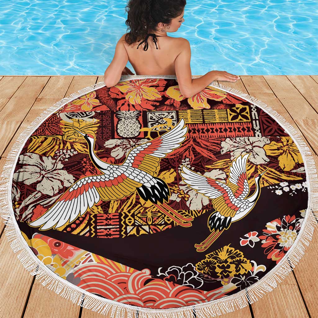 Japanese Hawaiian Crane Beach Blanket Yellow Ochre Tapa Patchwork Pattern
