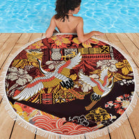 Japanese Hawaiian Crane Beach Blanket Yellow Ochre Tapa Patchwork Pattern