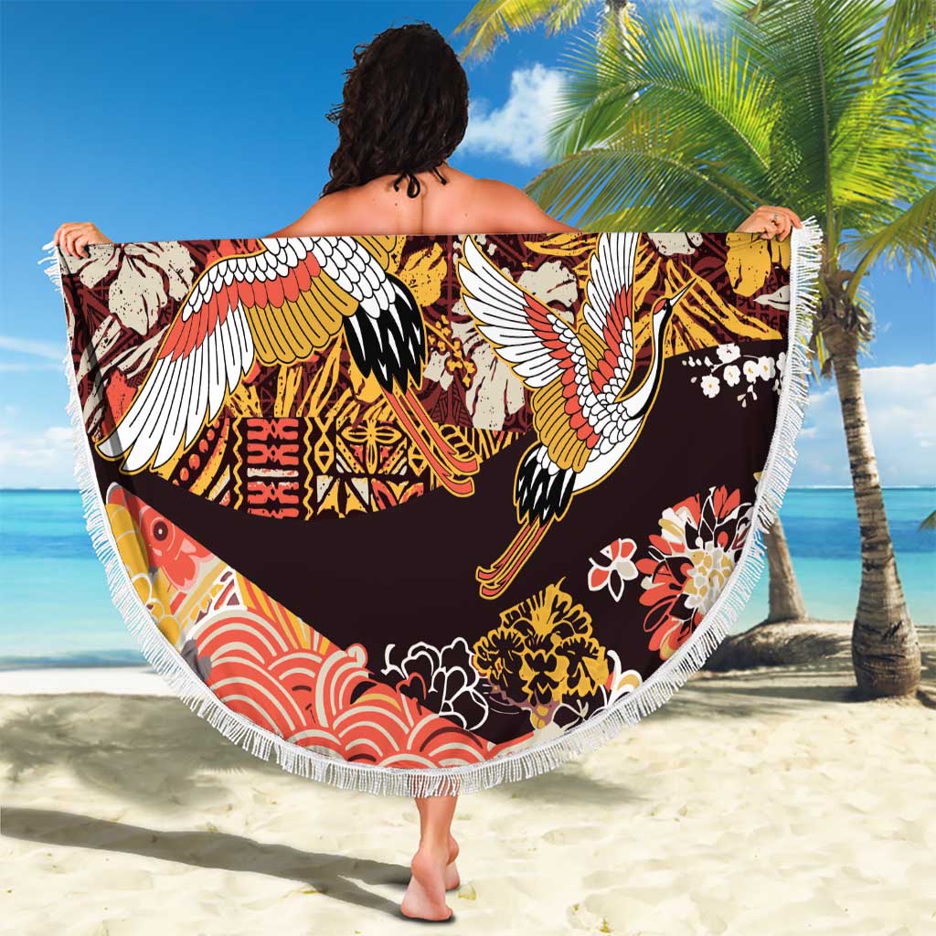Japanese Hawaiian Crane Beach Blanket Yellow Ochre Tapa Patchwork Pattern