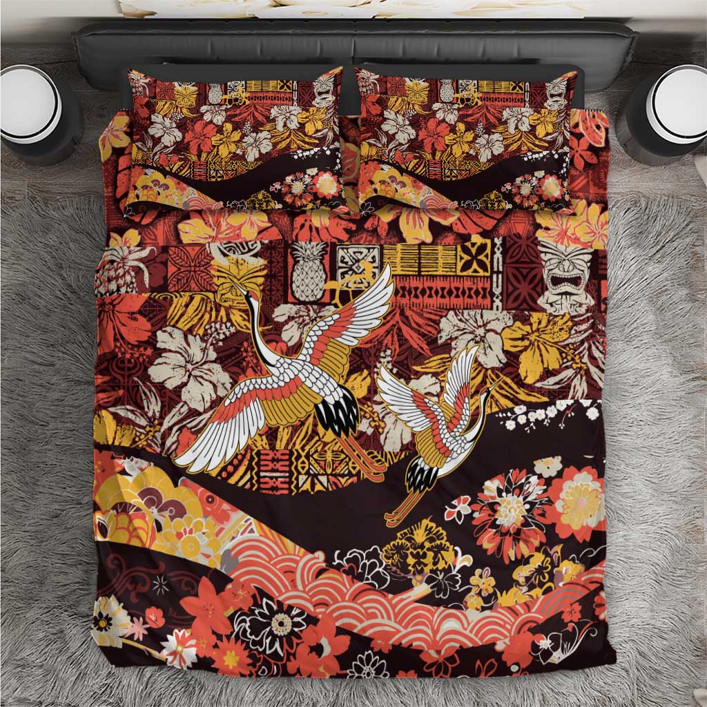 Japanese Hawaiian Crane Bedding Set Yellow Ochre Tapa Patchwork Pattern