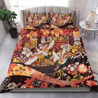 Japanese Hawaiian Crane Bedding Set Yellow Ochre Tapa Patchwork Pattern
