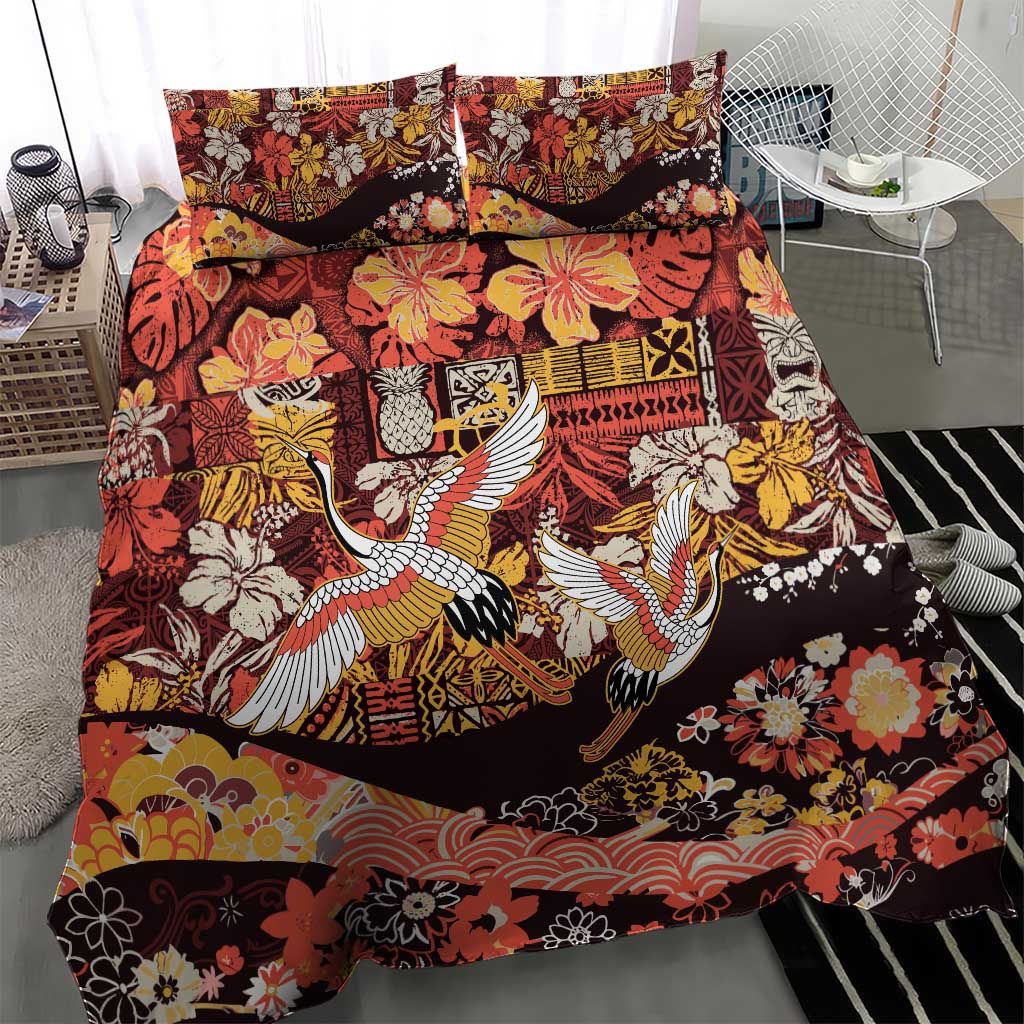 Japanese Hawaiian Crane Bedding Set Yellow Ochre Tapa Patchwork Pattern