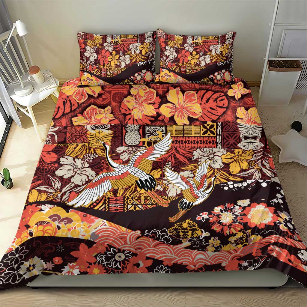 Japanese Hawaiian Crane Bedding Set Yellow Ochre Tapa Patchwork Pattern