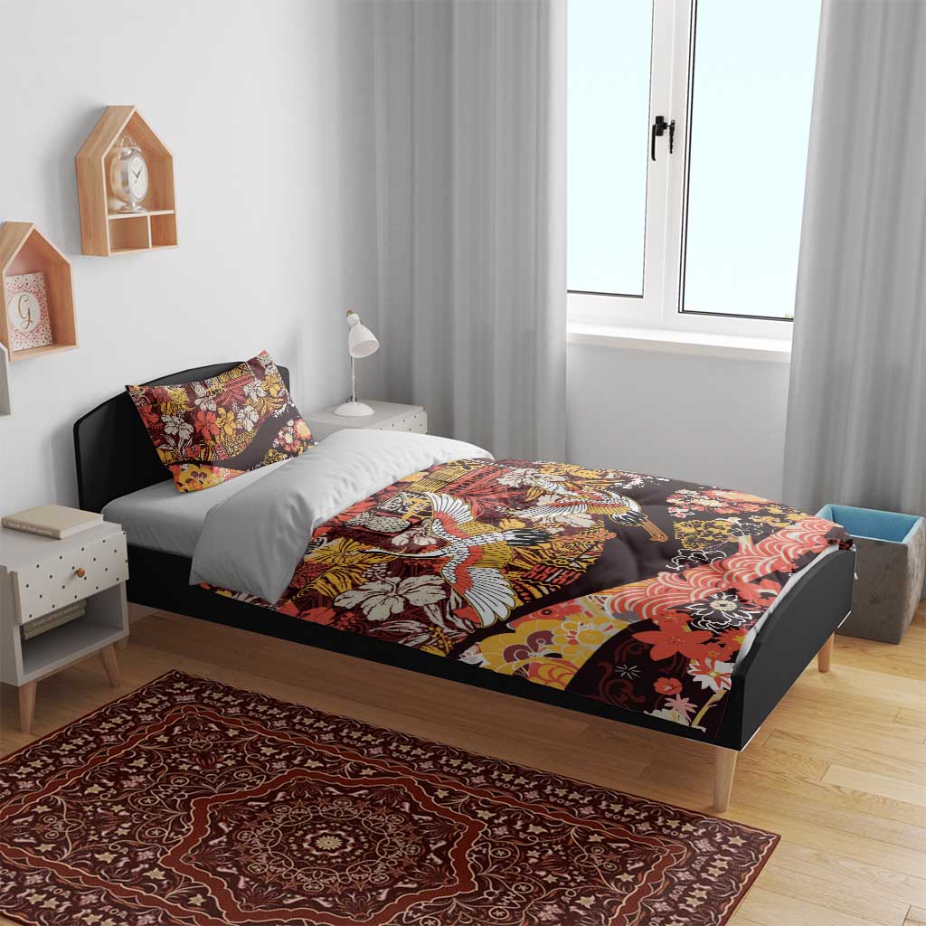 Japanese Hawaiian Crane Bedding Set Yellow Ochre Tapa Patchwork Pattern