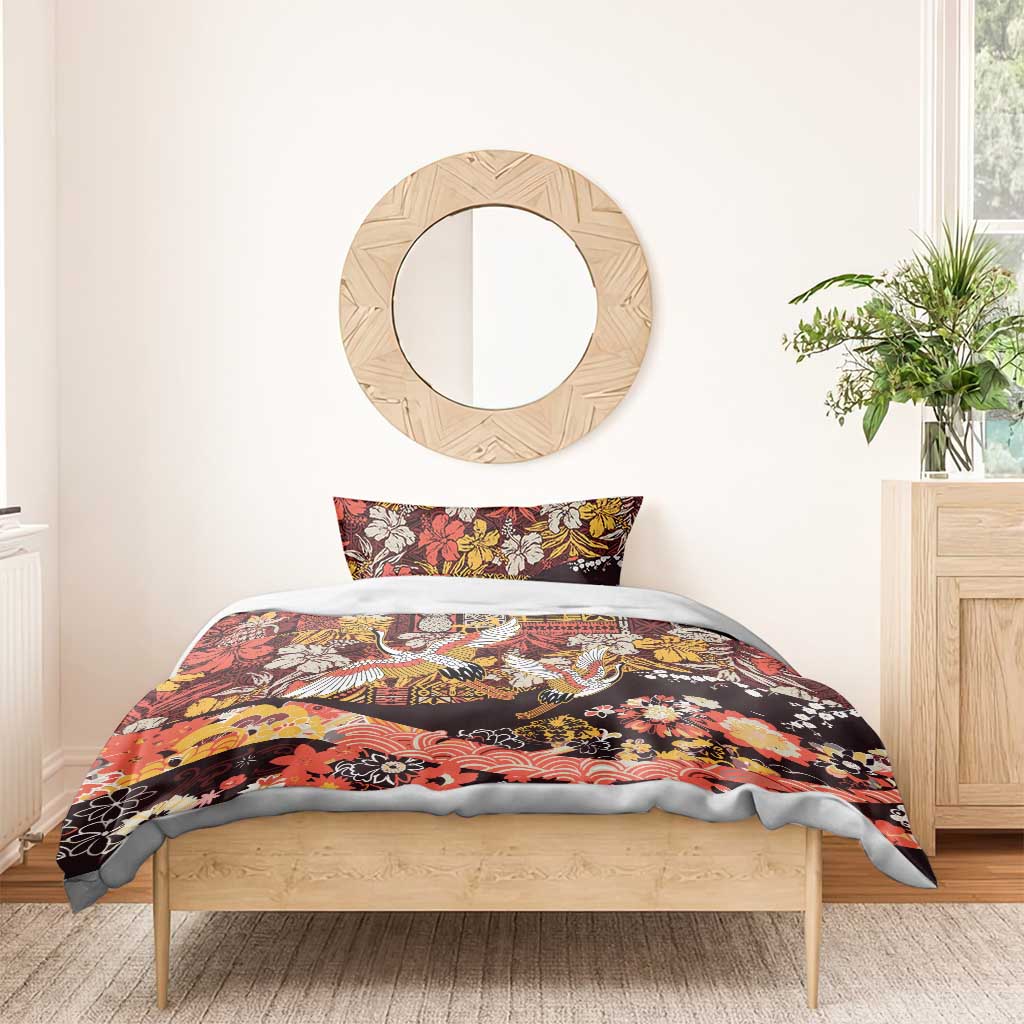Japanese Hawaiian Crane Bedding Set Yellow Ochre Tapa Patchwork Pattern