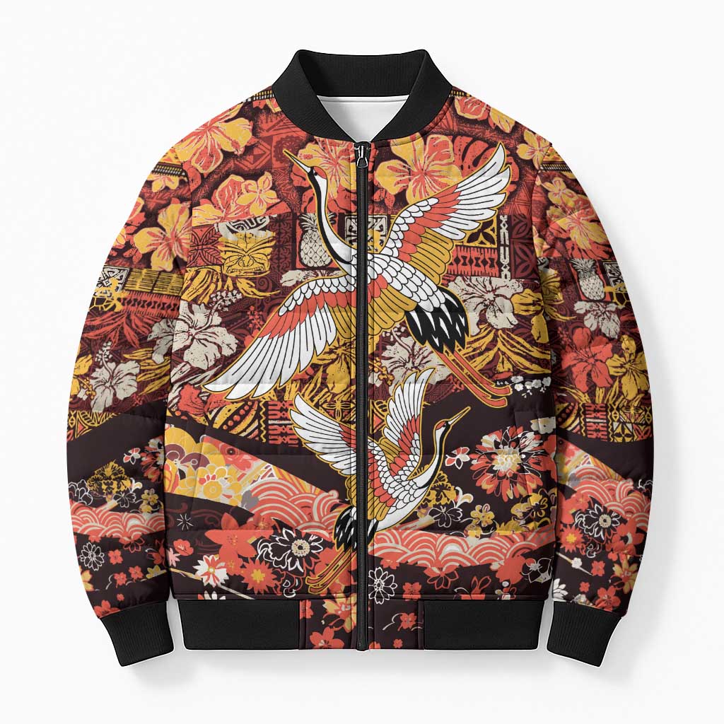 Japanese Hawaiian Crane Bomber Puffer Jacket Yellow Ochre Tapa Patchwork Pattern