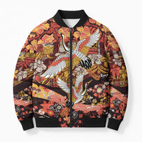 Japanese Hawaiian Crane Bomber Puffer Jacket Yellow Ochre Tapa Patchwork Pattern