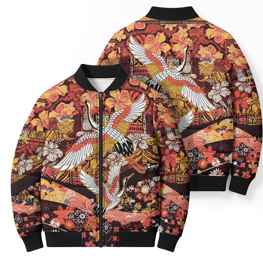 Japanese Hawaiian Crane Bomber Puffer Jacket Yellow Ochre Tapa Patchwork Pattern