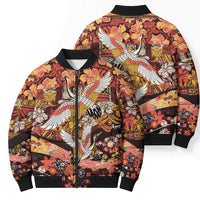 Japanese Hawaiian Crane Bomber Puffer Jacket Yellow Ochre Tapa Patchwork Pattern