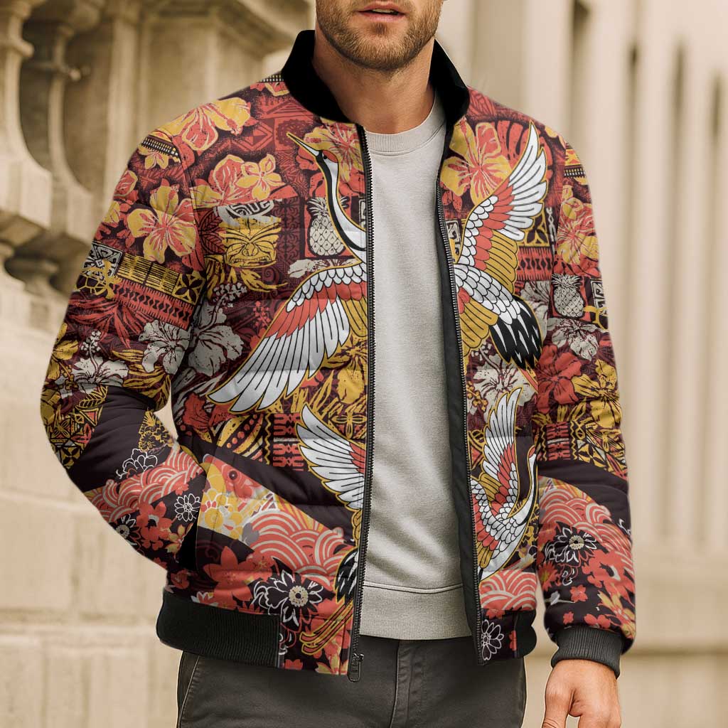 Japanese Hawaiian Crane Bomber Puffer Jacket Yellow Ochre Tapa Patchwork Pattern