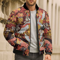 Japanese Hawaiian Crane Bomber Puffer Jacket Yellow Ochre Tapa Patchwork Pattern