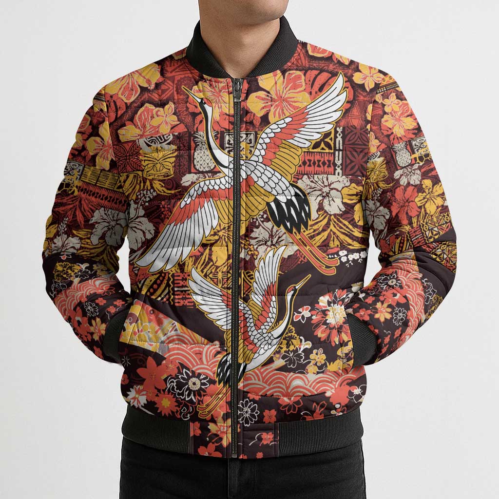 Japanese Hawaiian Crane Bomber Puffer Jacket Yellow Ochre Tapa Patchwork Pattern