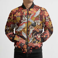 Japanese Hawaiian Crane Bomber Puffer Jacket Yellow Ochre Tapa Patchwork Pattern