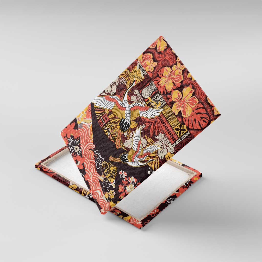 Japanese Hawaiian Crane Canvas Wall Art Yellow Ochre Tapa Patchwork Pattern
