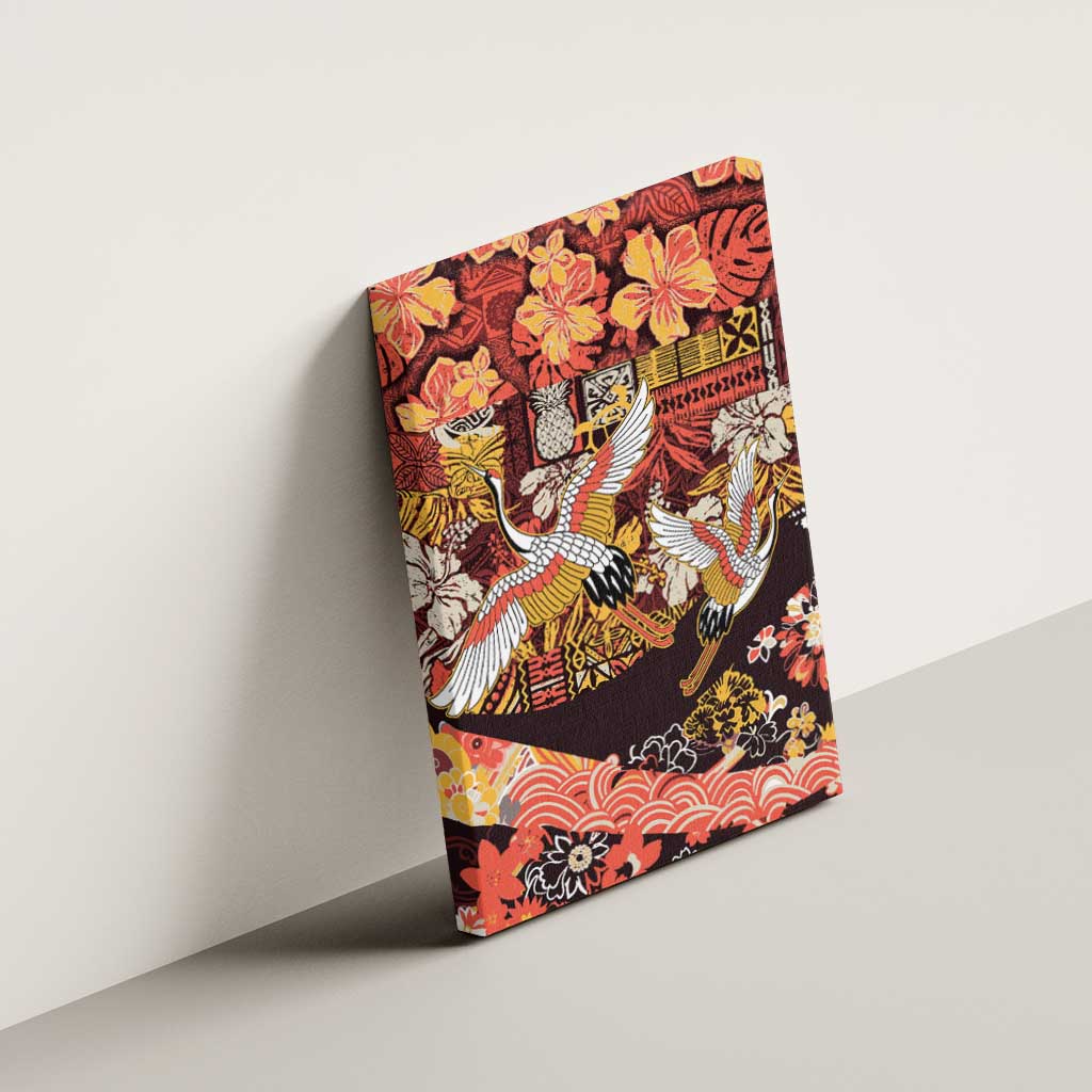 Japanese Hawaiian Crane Canvas Wall Art Yellow Ochre Tapa Patchwork Pattern