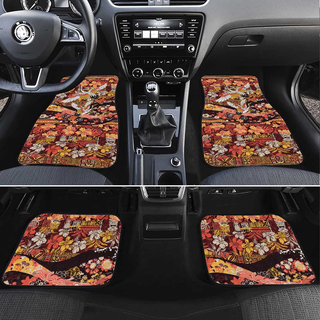 Japanese Hawaiian Crane Car Mats Yellow Ochre Tapa Patchwork Pattern LT9 Set 4pcs Yellow - Polynesian Pride