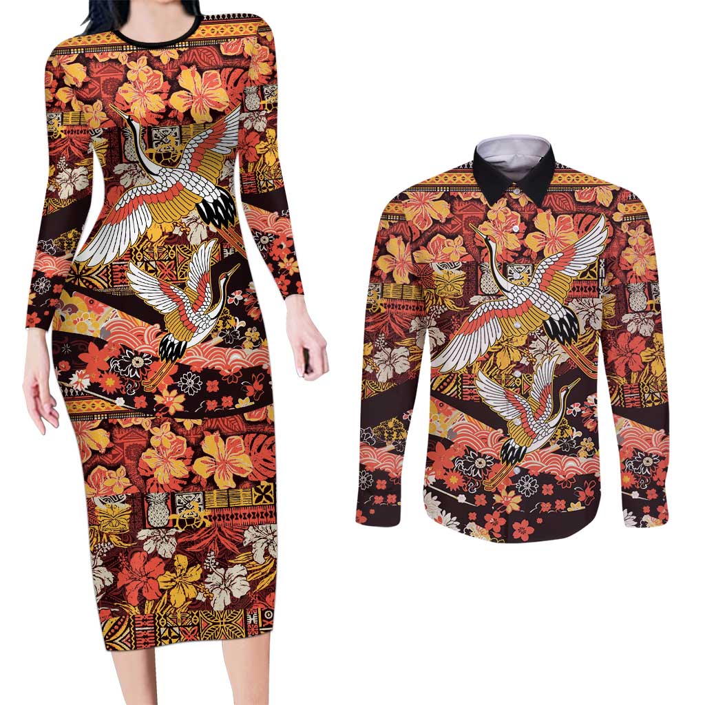 Japanese Hawaiian Crane Couples Matching Long Sleeve Bodycon Dress and Long Sleeve Button Shirt Yellow Ochre Tapa Patchwork Pattern LT9 Yellow - Polynesian Pride
