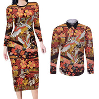 Japanese Hawaiian Crane Couples Matching Long Sleeve Bodycon Dress and Long Sleeve Button Shirt Yellow Ochre Tapa Patchwork Pattern
