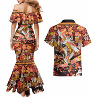 Japanese Hawaiian Crane Couples Matching Mermaid Dress and Hawaiian Shirt Yellow Ochre Tapa Patchwork Pattern