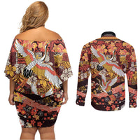 Japanese Hawaiian Crane Couples Matching Off Shoulder Short Dress and Long Sleeve Button Shirt Yellow Ochre Tapa Patchwork Pattern