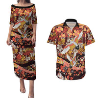 Japanese Hawaiian Crane Couples Matching Puletasi and Hawaiian Shirt Yellow Ochre Tapa Patchwork Pattern