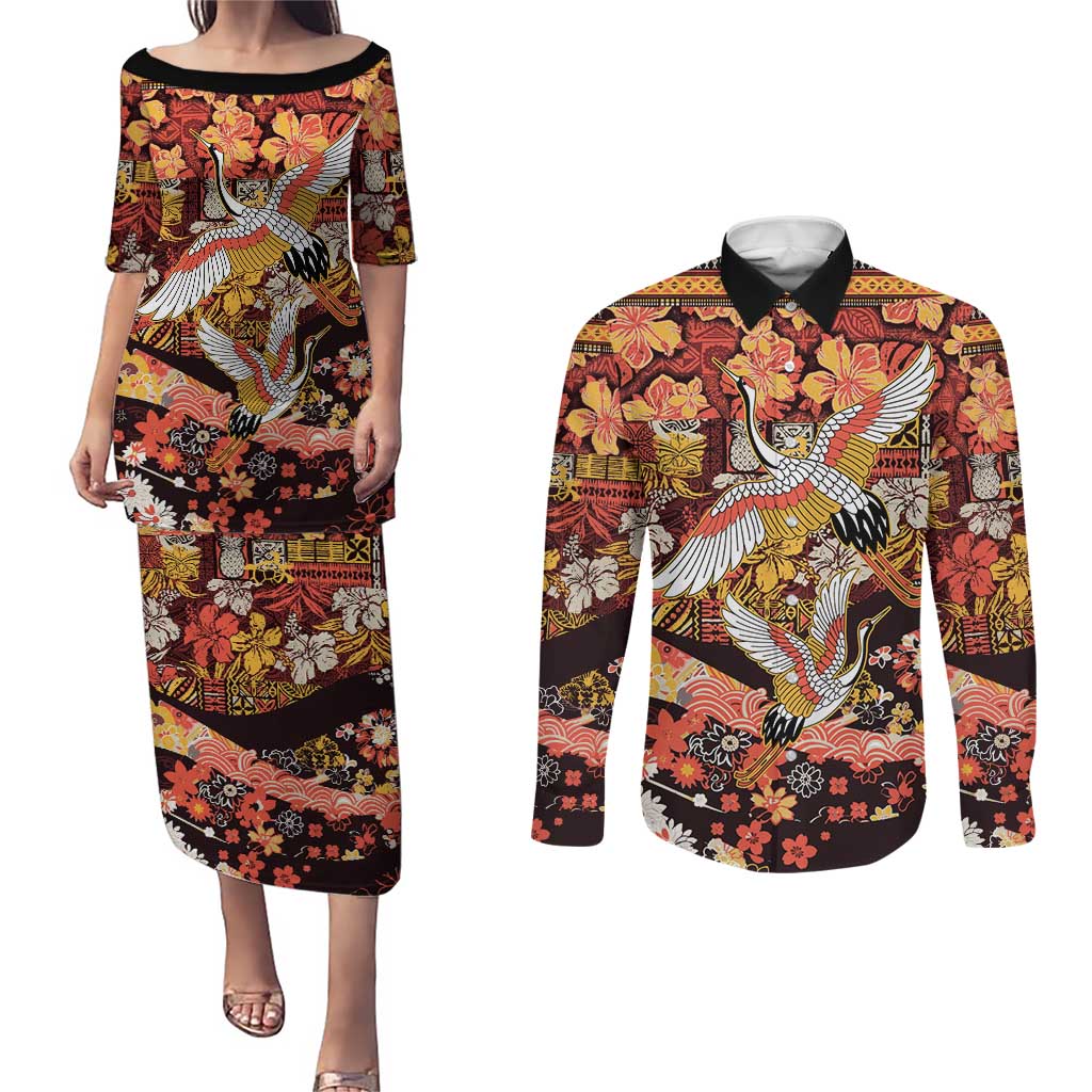 Japanese Hawaiian Crane Couples Matching Puletasi and Long Sleeve Button Shirt Yellow Ochre Tapa Patchwork Pattern LT9 Yellow - Polynesian Pride