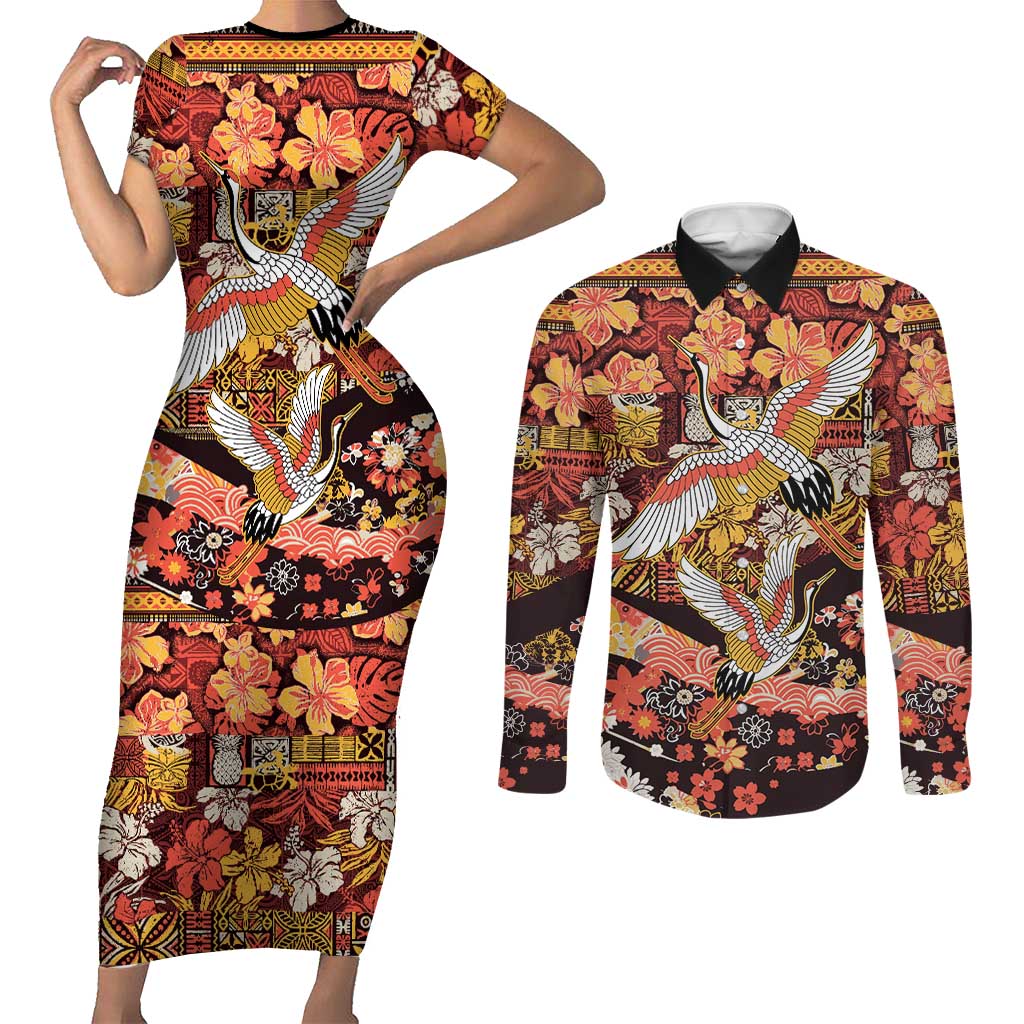 Japanese Hawaiian Crane Couples Matching Short Sleeve Bodycon Dress and Long Sleeve Button Shirt Yellow Ochre Tapa Patchwork Pattern LT9 Yellow - Polynesian Pride