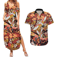 Japanese Hawaiian Crane Couples Matching Summer Maxi Dress and Hawaiian Shirt Yellow Ochre Tapa Patchwork Pattern