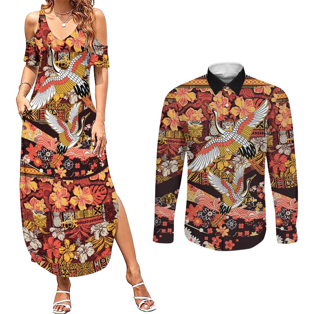 Japanese Hawaiian Crane Couples Matching Summer Maxi Dress and Long Sleeve Button Shirt Yellow Ochre Tapa Patchwork Pattern LT9 Yellow - Polynesian Pride