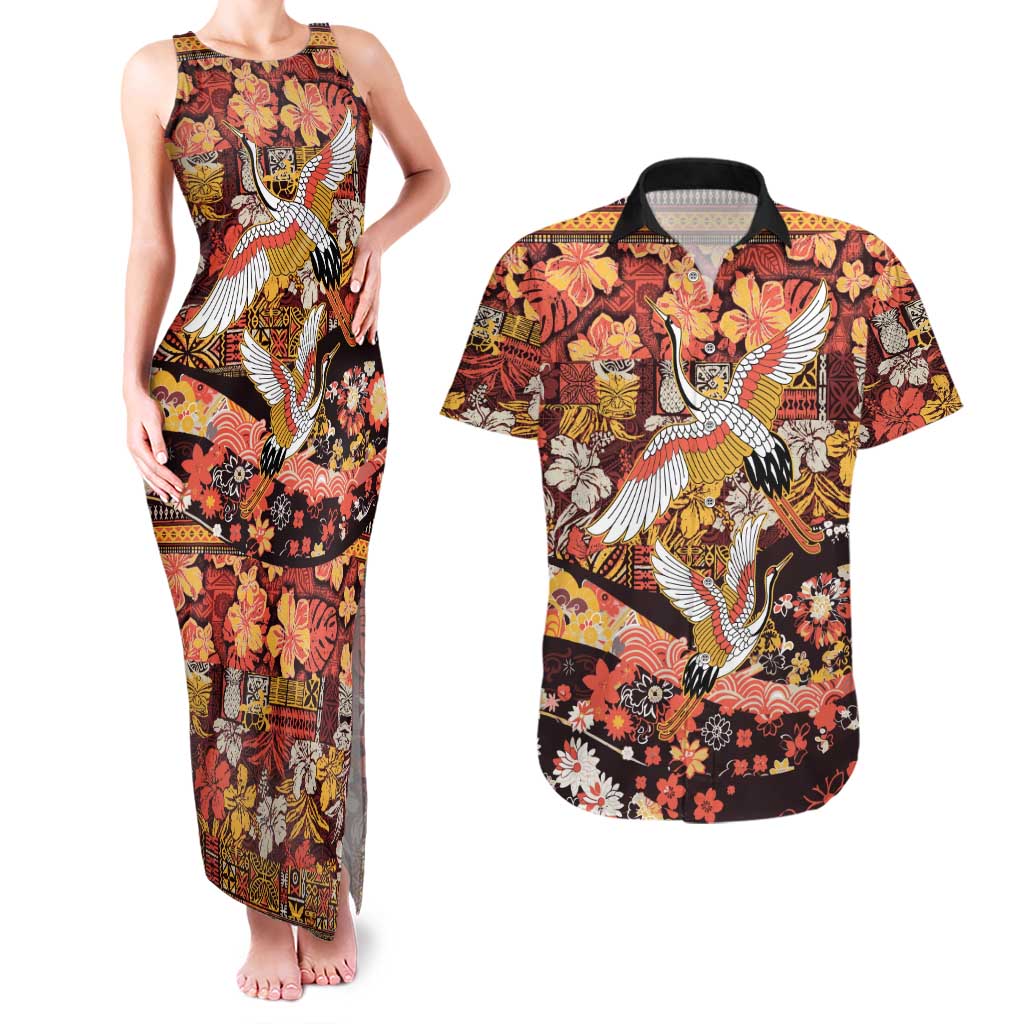 Japanese Hawaiian Crane Couples Matching Tank Maxi Dress and Hawaiian Shirt Yellow Ochre Tapa Patchwork Pattern LT9 Yellow - Polynesian Pride