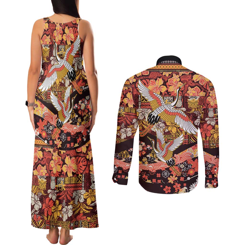 Japanese Hawaiian Crane Couples Matching Tank Maxi Dress and Long Sleeve Button Shirt Yellow Ochre Tapa Patchwork Pattern