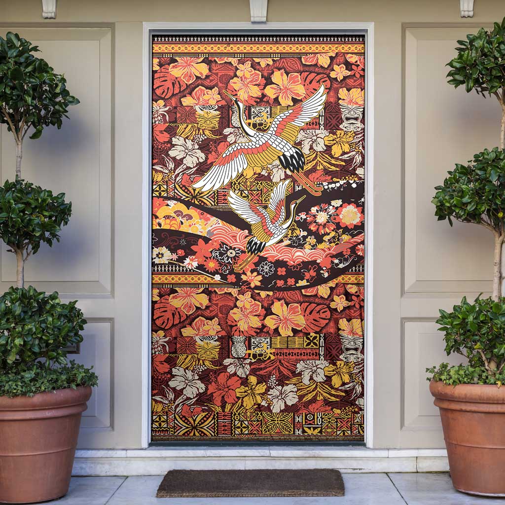 Japanese Hawaiian Crane Door Cover Yellow Ochre Tapa Patchwork Pattern LT9 Yellow - Polynesian Pride