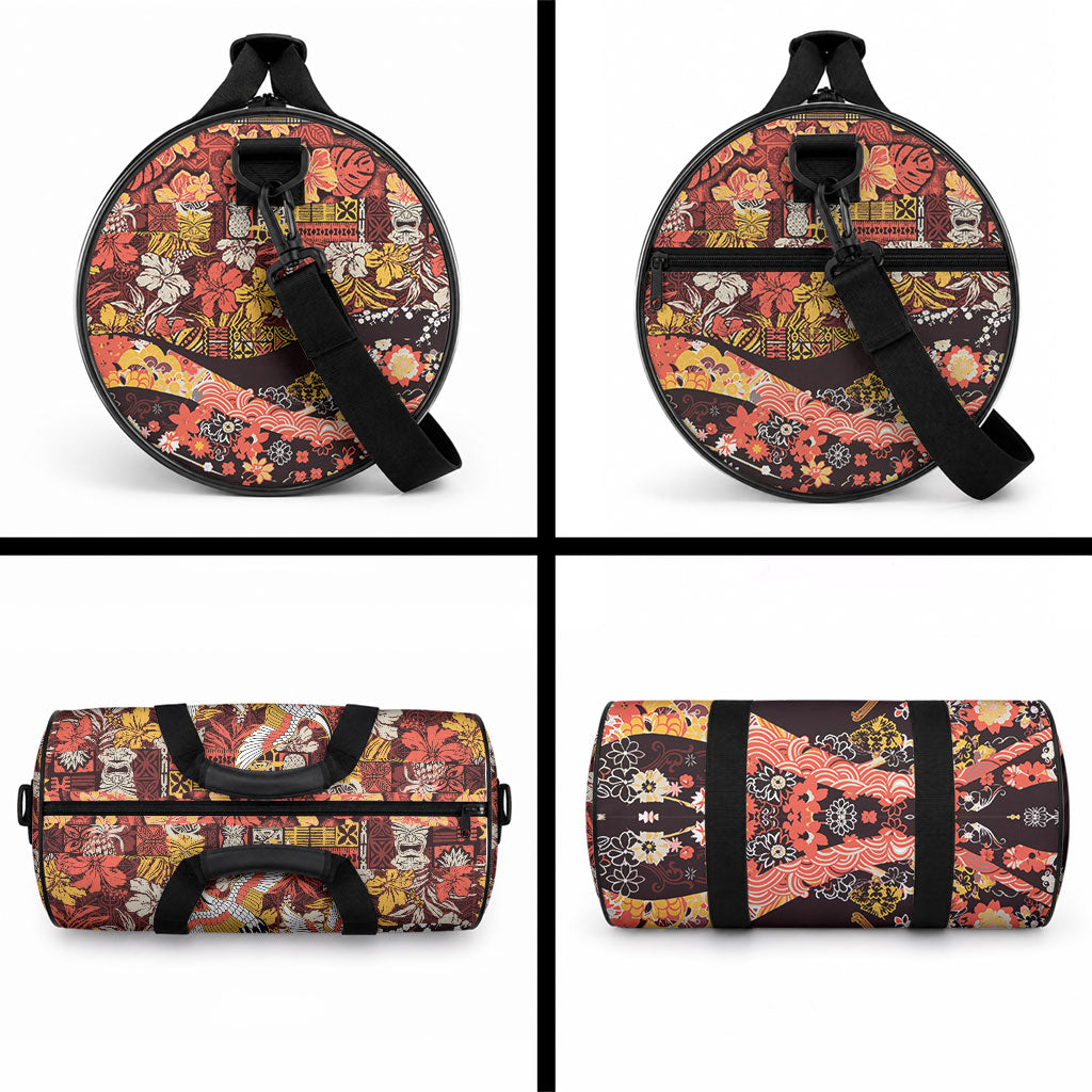 Japanese Hawaiian Crane Duffle Bag Yellow Ochre Tapa Patchwork Pattern LT9 - Polynesian Pride