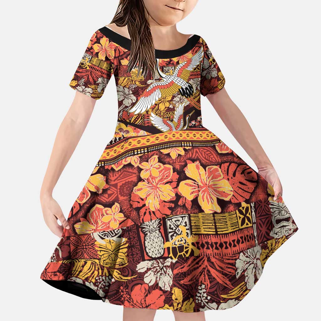 Japanese Hawaiian Crane Family Matching Long Sleeve Bodycon Dress and Hawaiian Shirt Yellow Ochre Tapa Patchwork Pattern LT9 Daughter's Dress Yellow - Polynesian Pride