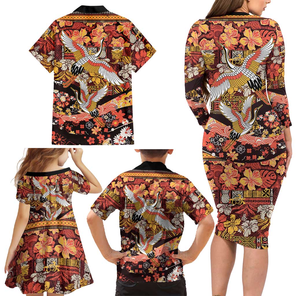 Japanese Hawaiian Crane Family Matching Long Sleeve Bodycon Dress and Hawaiian Shirt Yellow Ochre Tapa Patchwork Pattern LT9 - Polynesian Pride